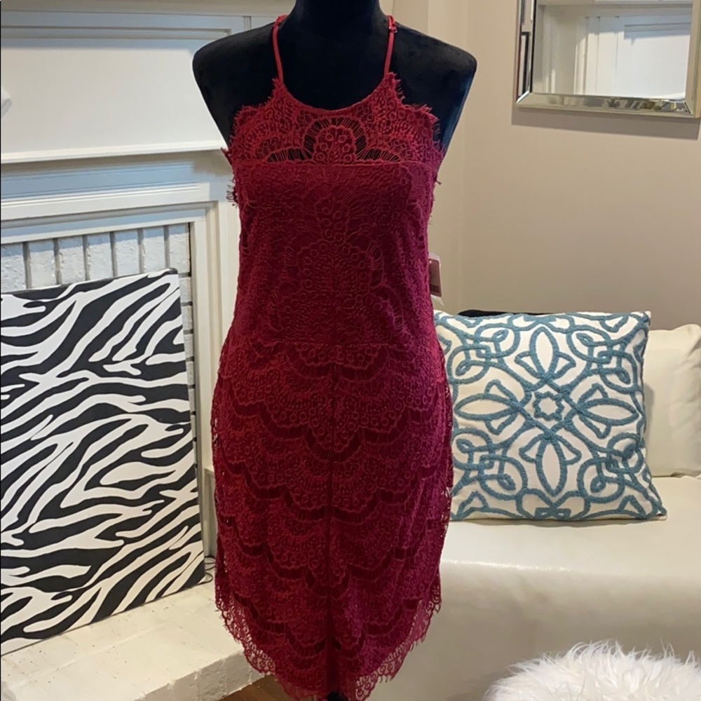 Free People She’s Got It Lace Wine Slip Dress, Lg